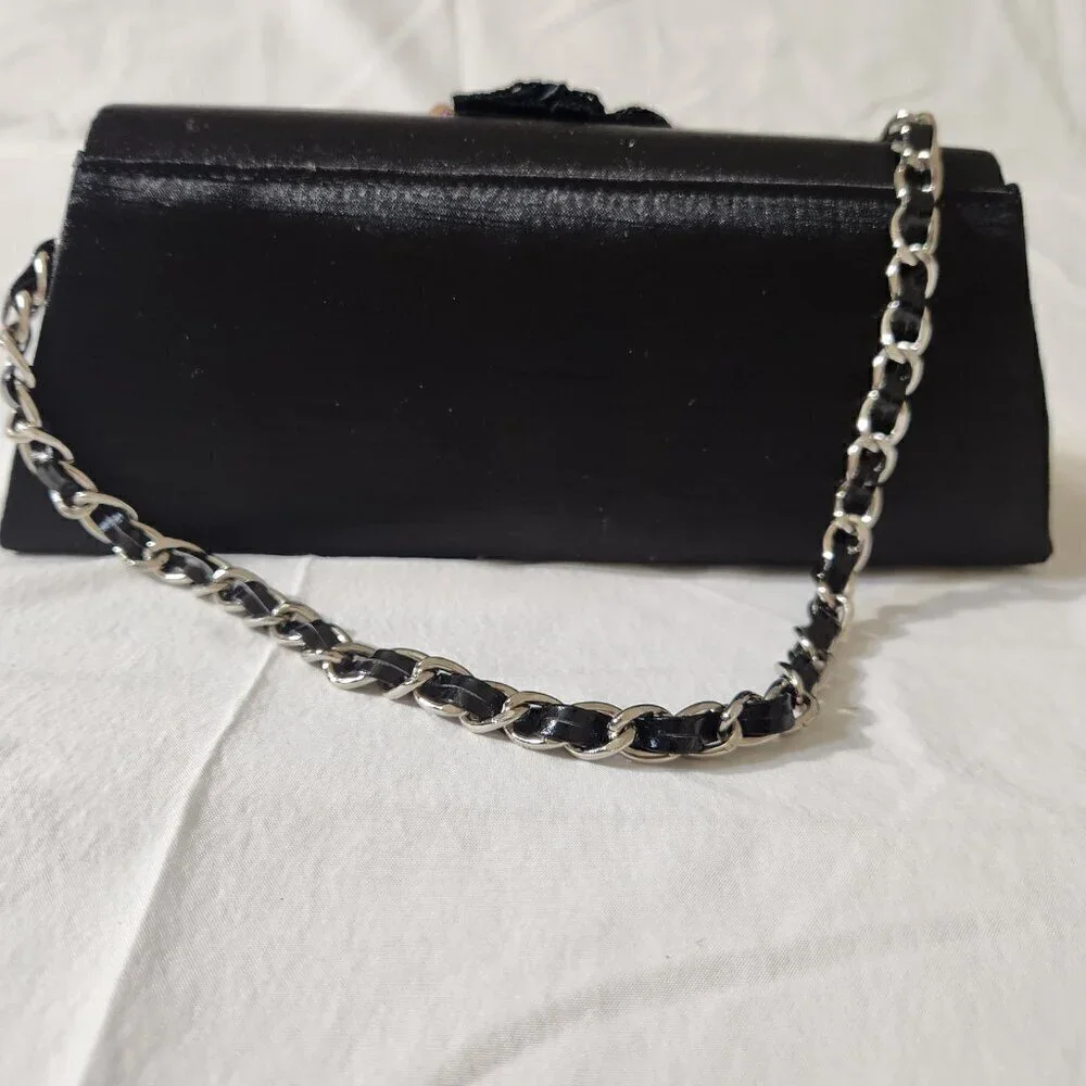 Women Vintage Small Black Satin Beaded Evening Shoulder Clutch Bag Formal Party